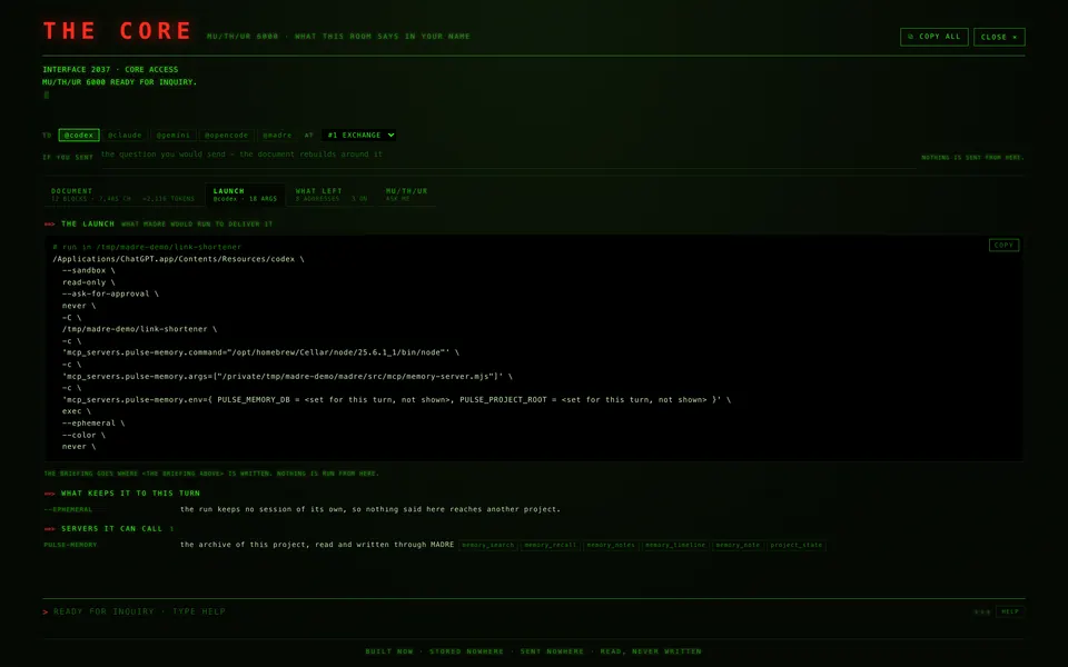 The launch: Codex’s exact command, with --sandbox read-only, and environment variables shown only by name, “set for this turn, not shown”.