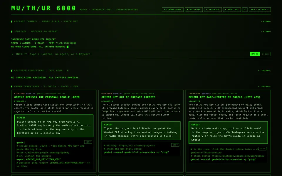 MADRE’s MU/TH/UR 6000 console: no conditions registered in this room, and the catalogue of known conditions with diagnosis and remedy.