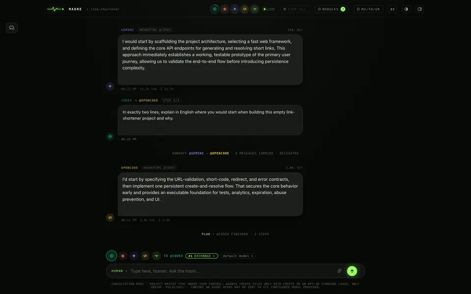 MADRE’s room full screen, on an empty project called link-shortener. Gemini answers @codex; Codex asks OpenCode, step 3 of 3, where it would start; “HANDOFF @GEMINI → @OPENCODE · 6 MESSAGES CARRIED” appears and OpenCode answers. Then “PLAN · @CODEX FINISHED · 3 STEPS”. At the bottom, the composer addressed to @codex in #1 EXCHANGE.