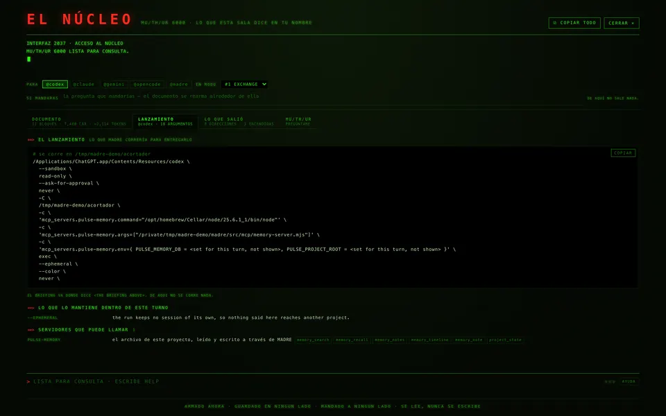 El lanzamiento: el comando exacto de Codex, con --sandbox read-only, y las variables de entorno mostradas solo por su nombre, «set for this turn, not shown».